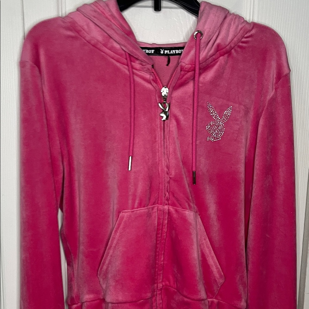 PLAYBOY Pink Velour Full Zip Hoodie Rhinestone Bunny Logo Size Small - Picture 8 of 9